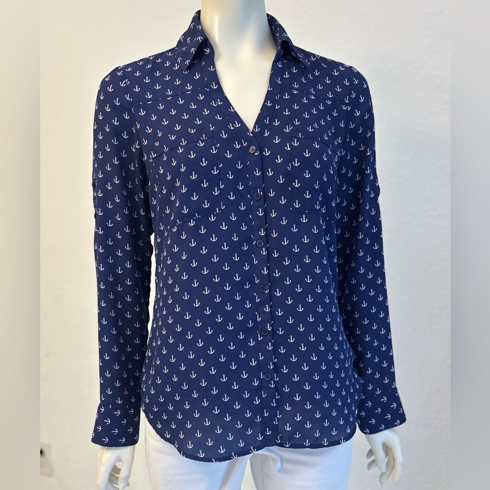 Express - Navy Blue Anchor Print Button-Up Shirt